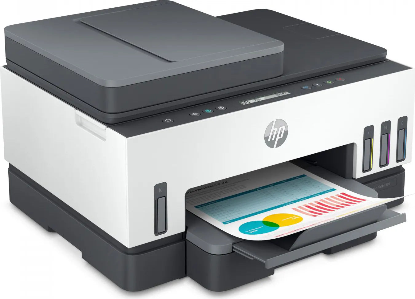 Stampante multifunzione HP con sistema ADF, design moderno e stampa a colori.