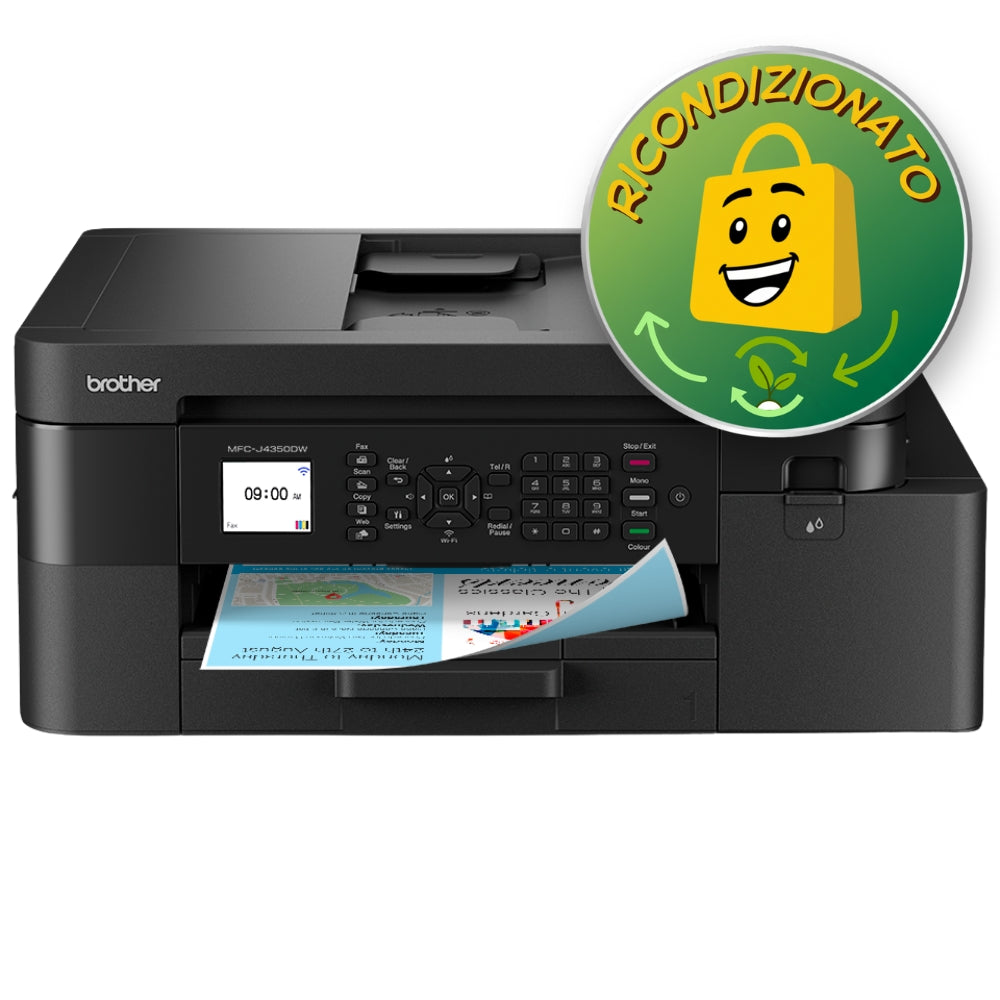 Stampante multifunzione inkjet Brother nera con scanner e alimentatore automatico.