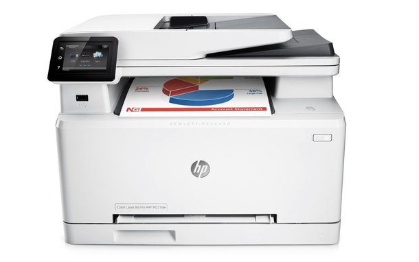 Testo alternativo:Stampante multifunzione laser HP con display touch e stampa a colori.