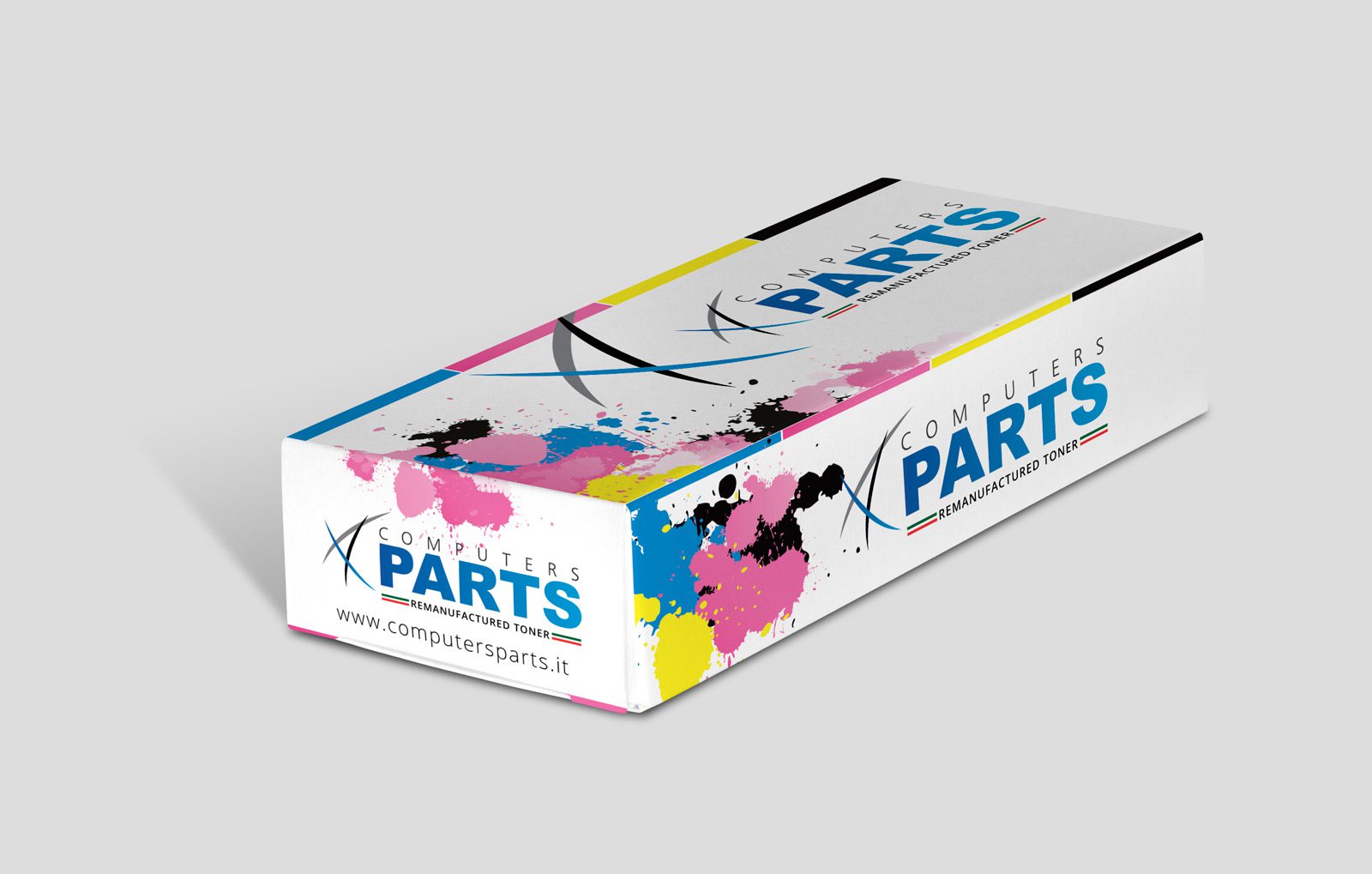 Testo alternativo:Scatola di toner rigenerato Computers Parts con design colorato e logo.