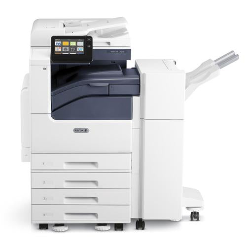 Stampante multifunzione Xerox bianca con display touchscreen e cassetti multipli.
