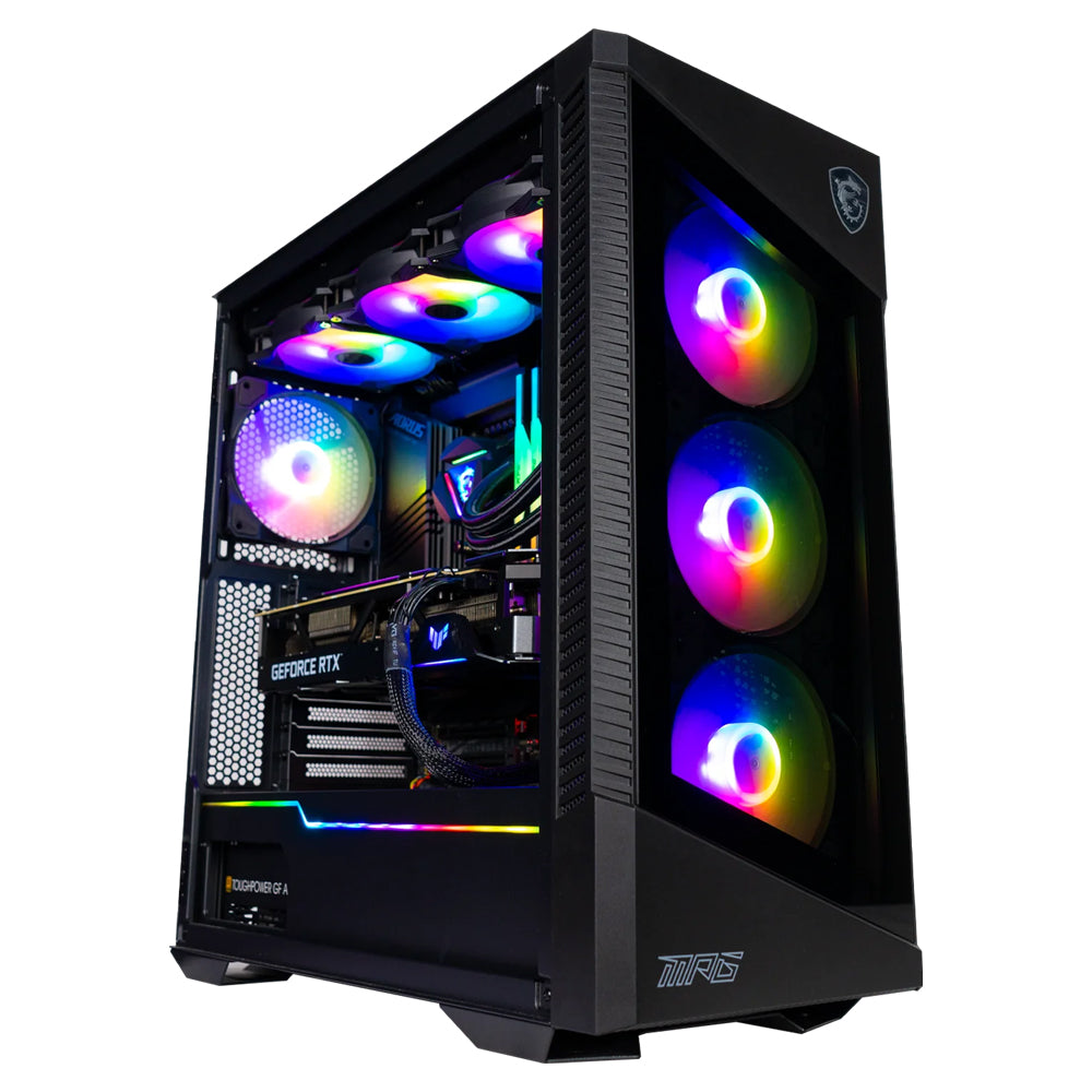 Testo alternativo:PC gaming nuovo con case RGB, scheda grafica GeForce RTX e design moderno.