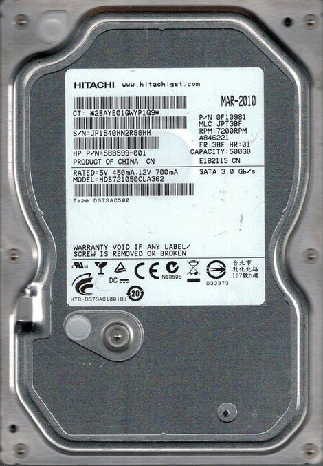 HITACHI HDS721050CLA362 500GB 7.2K SATA 3.5" HARD DRIVE 0F10981