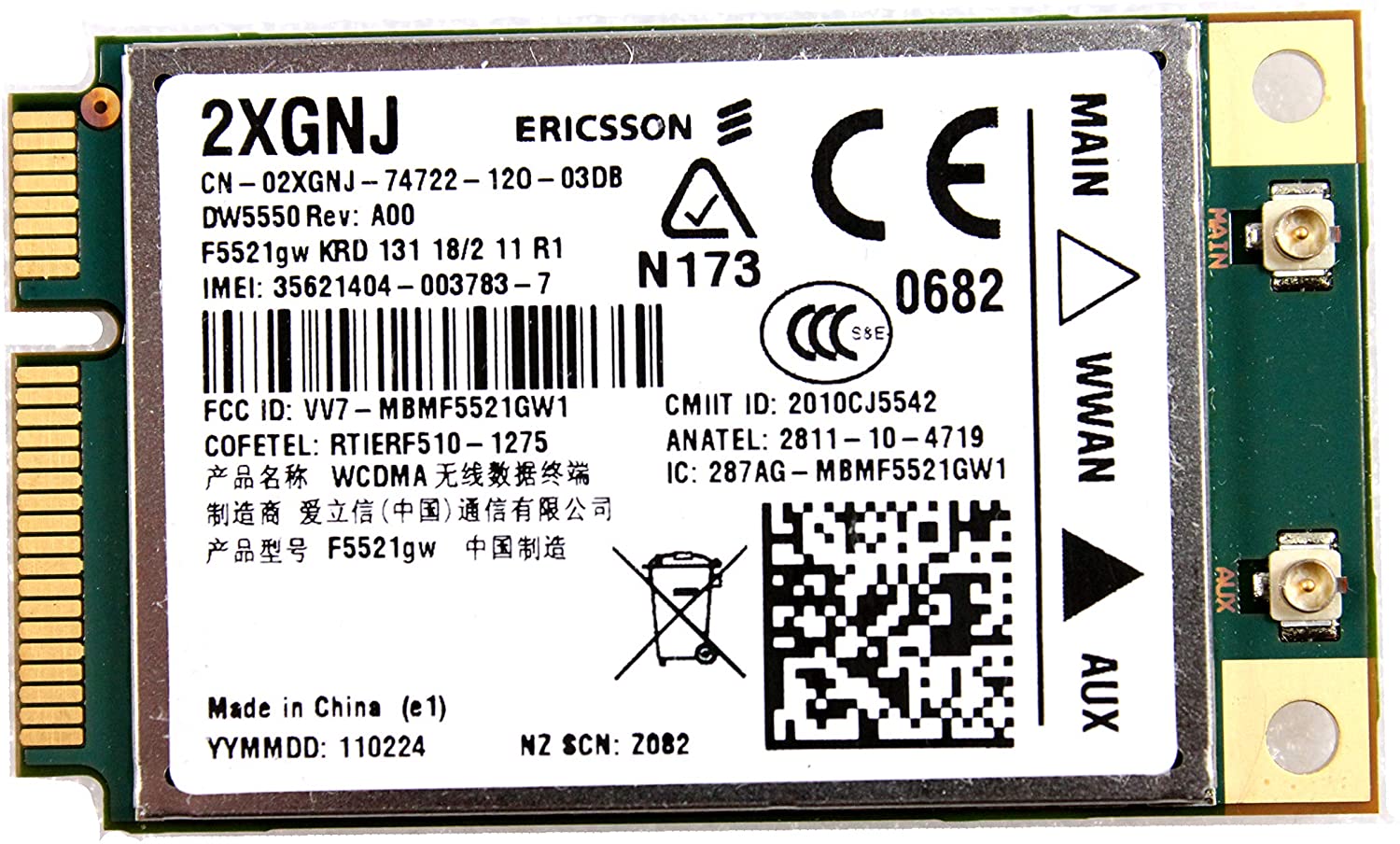 Ericsson F5521GW DW5550 Wireless 3G Wireless WAN Karte Mini PCI-E für DELL E5420
