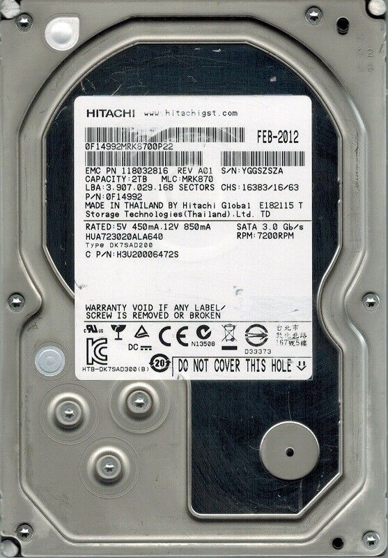 Hitachi HUA722020ALA330 P/N: 0F10452 MLC: JPK20N 2TBHARD DISK 3,5