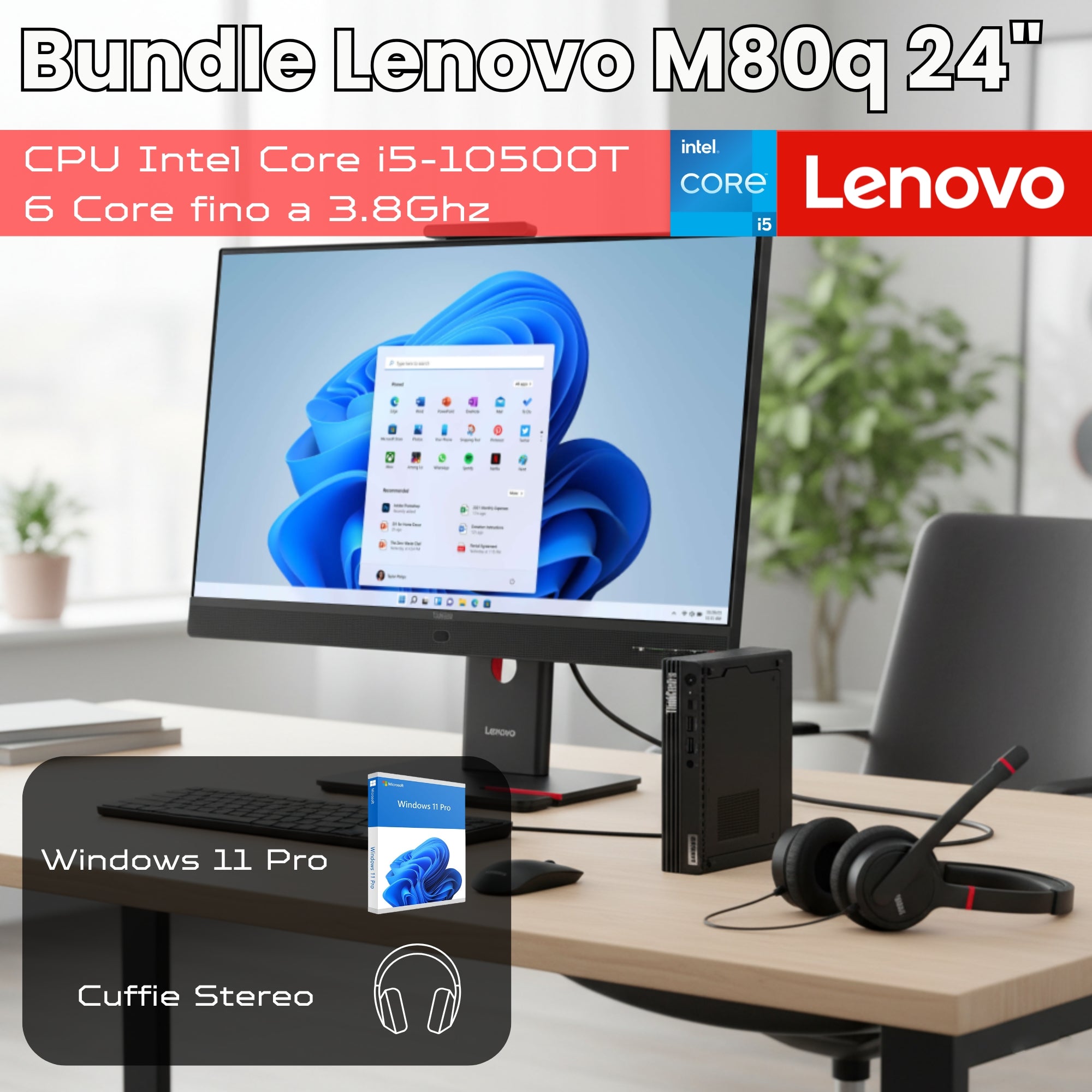 Bundle Lenovo ThinkCentre M80q Mini PC | Intel Core i5-10500T | 16GB RAM | 512GB SSD + Monitor 24" ThinkVision T24v Windows 11