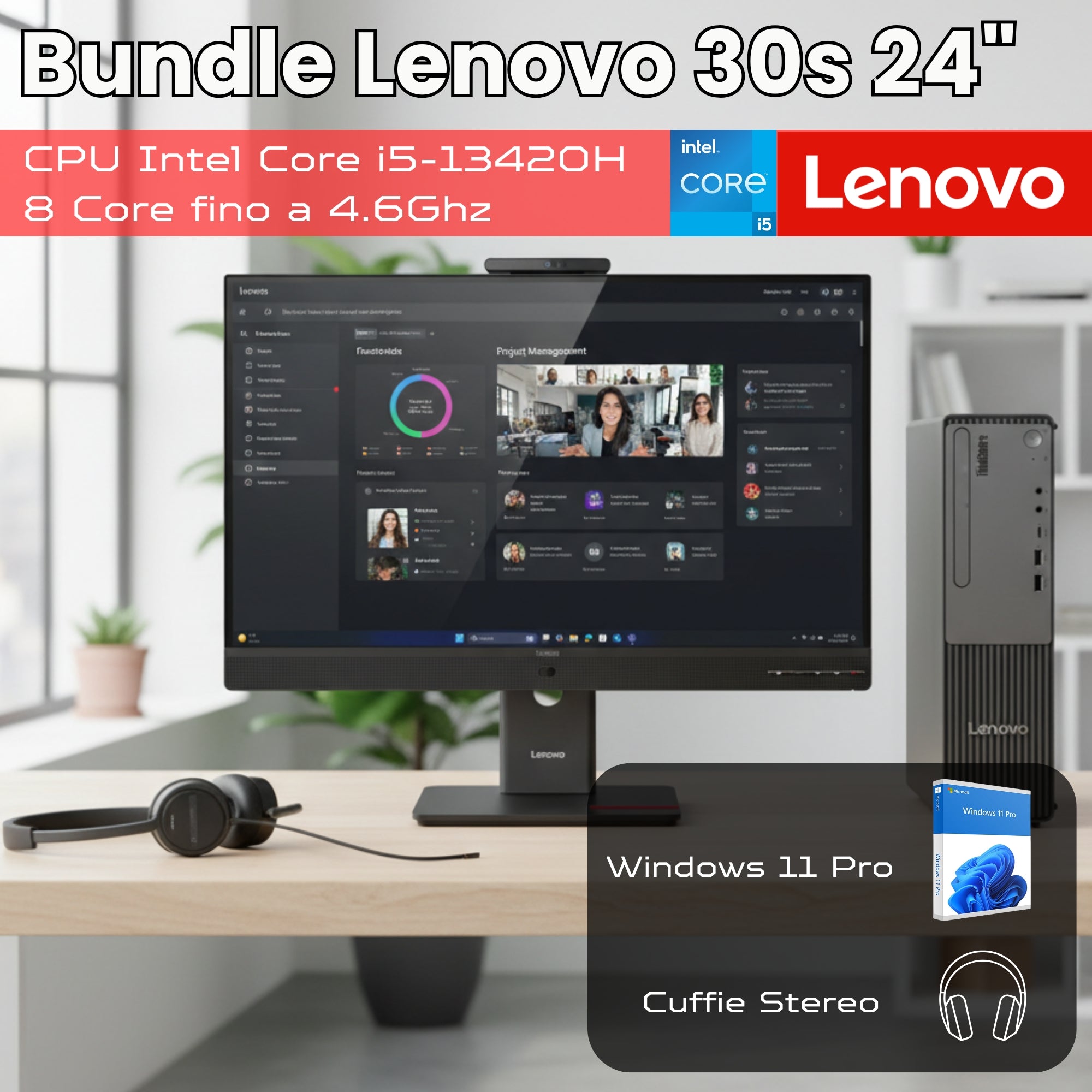 Bundle Lenovo Neo 30s Gen 5 SFF | Intel Core i5-13420H | Ram 16GB | SSD 512GB Monitor ThinkVision 24" VoIP Windows 11 Pro - NUOVO