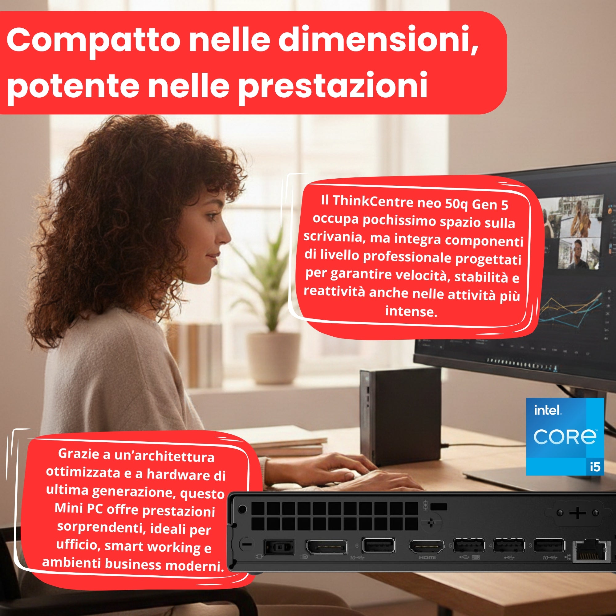 Woman working at a desk with Lenovo ThinkCentre neo 50q Gen 5 mini PC and monitor, Messoanuovo.it technology products.