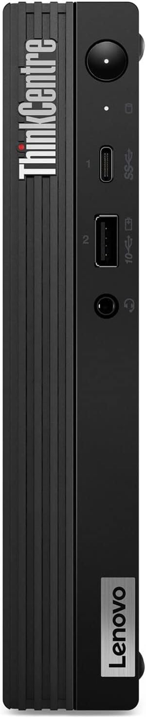 Pannello frontale del Lenovo ThinkCentre M70q Mini PC con pulsante di accensione, USB-C, USB-A e jack cuffie. Compatto e funzionale.