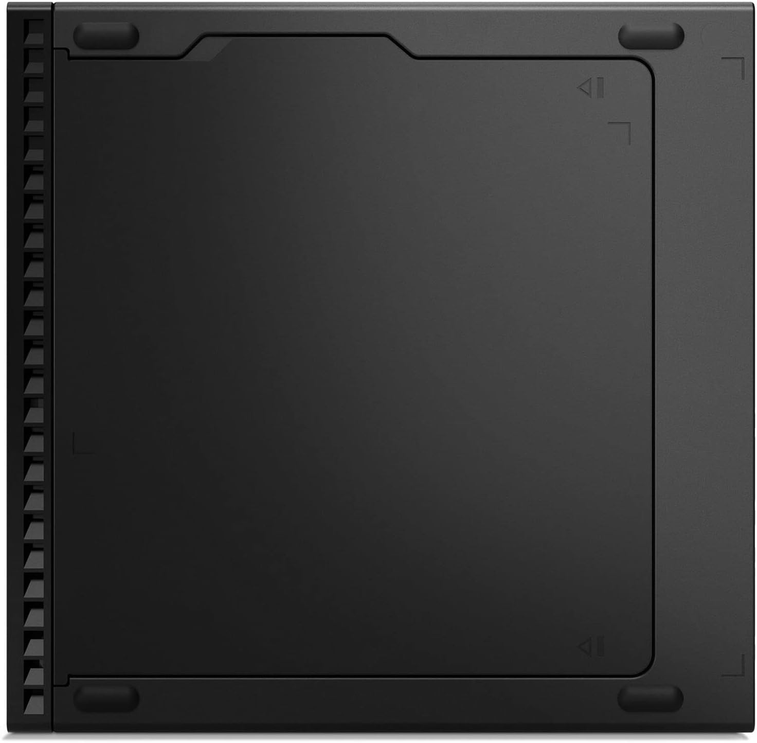 Lato inferiore del Mini PC Lenovo ThinkCentre M70q con viti di montaggio e piedini in gomma. Ideale per installazioni fisse o a parete.