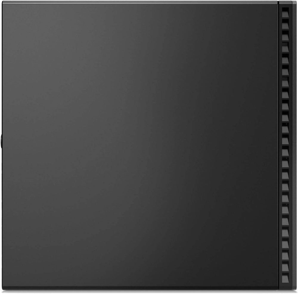 Vista laterale superiore del Lenovo ThinkCentre M70q Mini PC con superficie liscia e griglia di ventilazione laterale. Design minimalista.