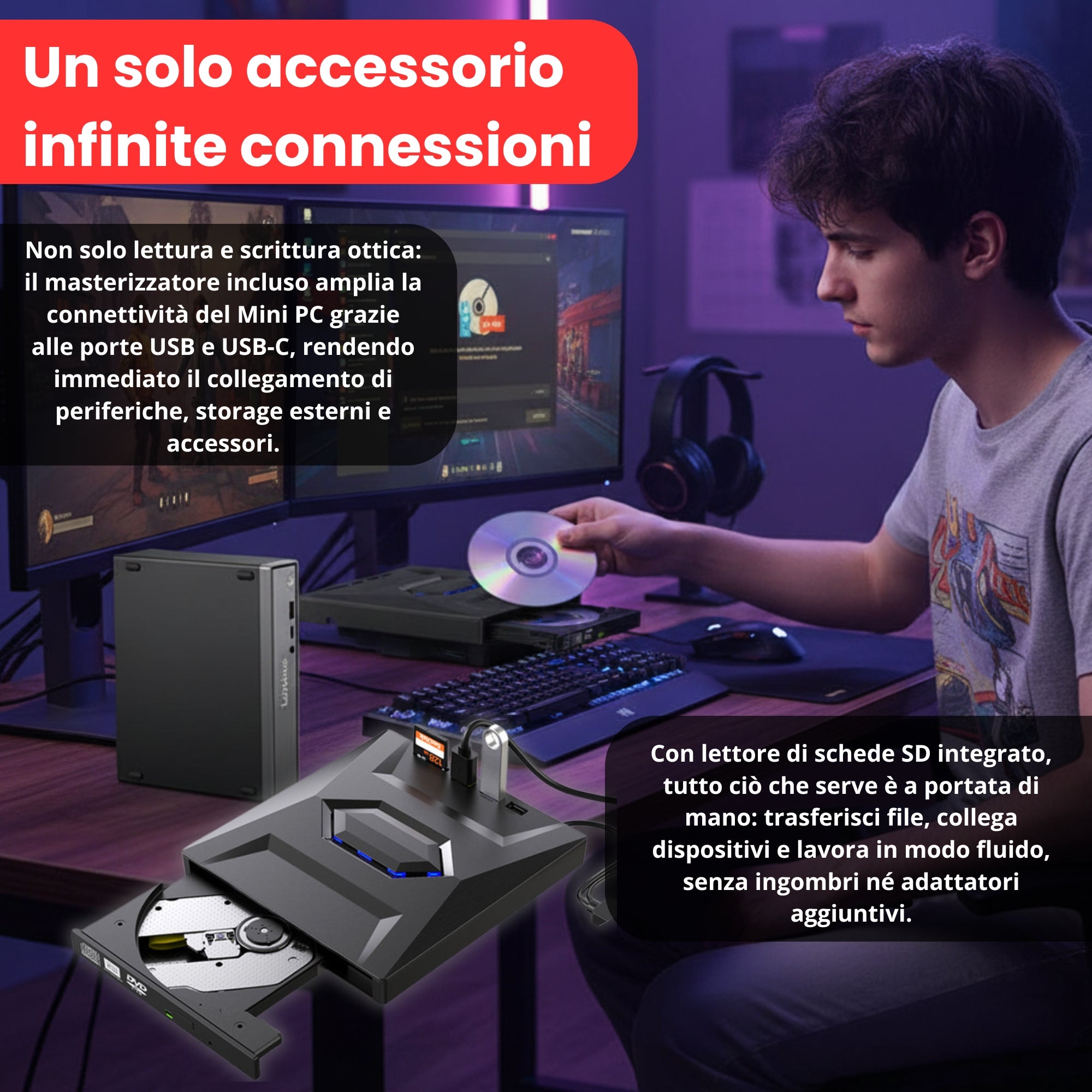 Young man using a Mini PC with external optical drive, USB, SD card reader on a gaming setup.