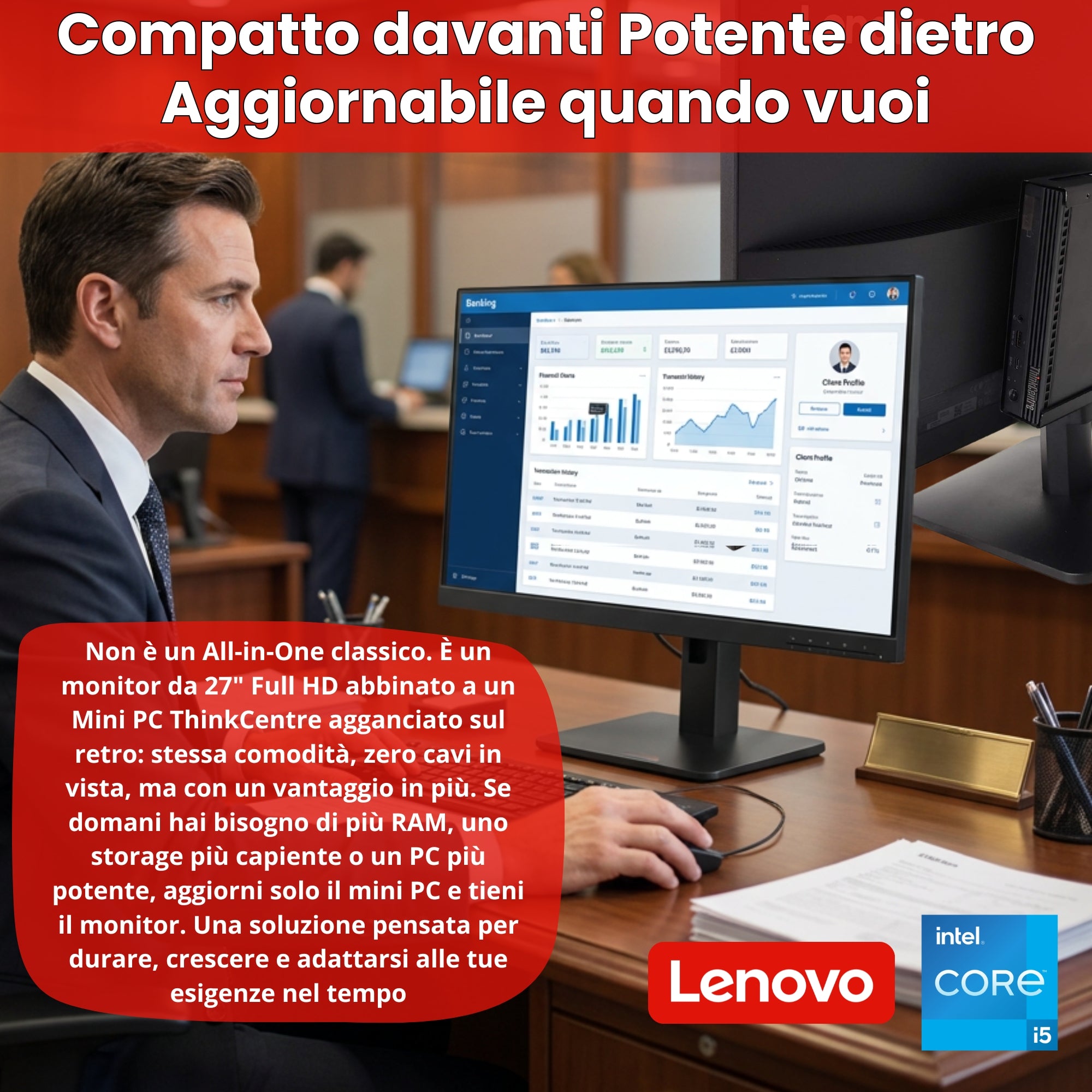 Lenovo All In One 27" con Mini PC ThinkCentre M80q | Intel Core i5-10500T | FreeDOS