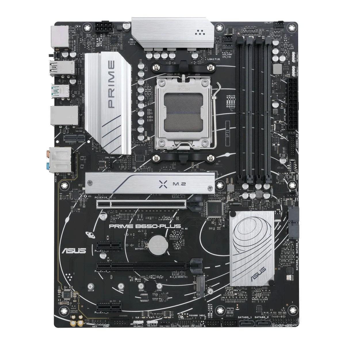 Vista dall'alto della motherboard ASUS Prime B650-PLUS, ideale per configurazioni PC Gaming con Ryzen 7 7800X3D.