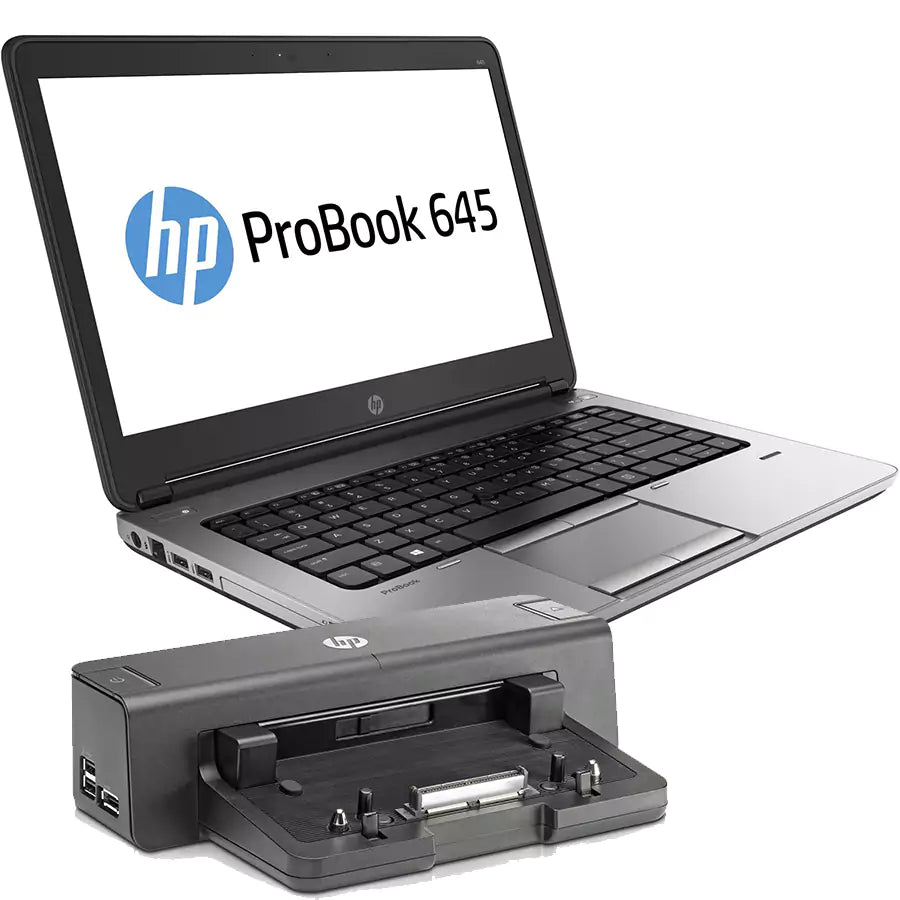 HP ProBook 645 G1 Notebook 14″ HD Bundle | AMD A6-4400M 2.7Ghz | Bluetooth WiFi Web cam Windows 10 pro + HP 90 W A7E32AA Docking Station