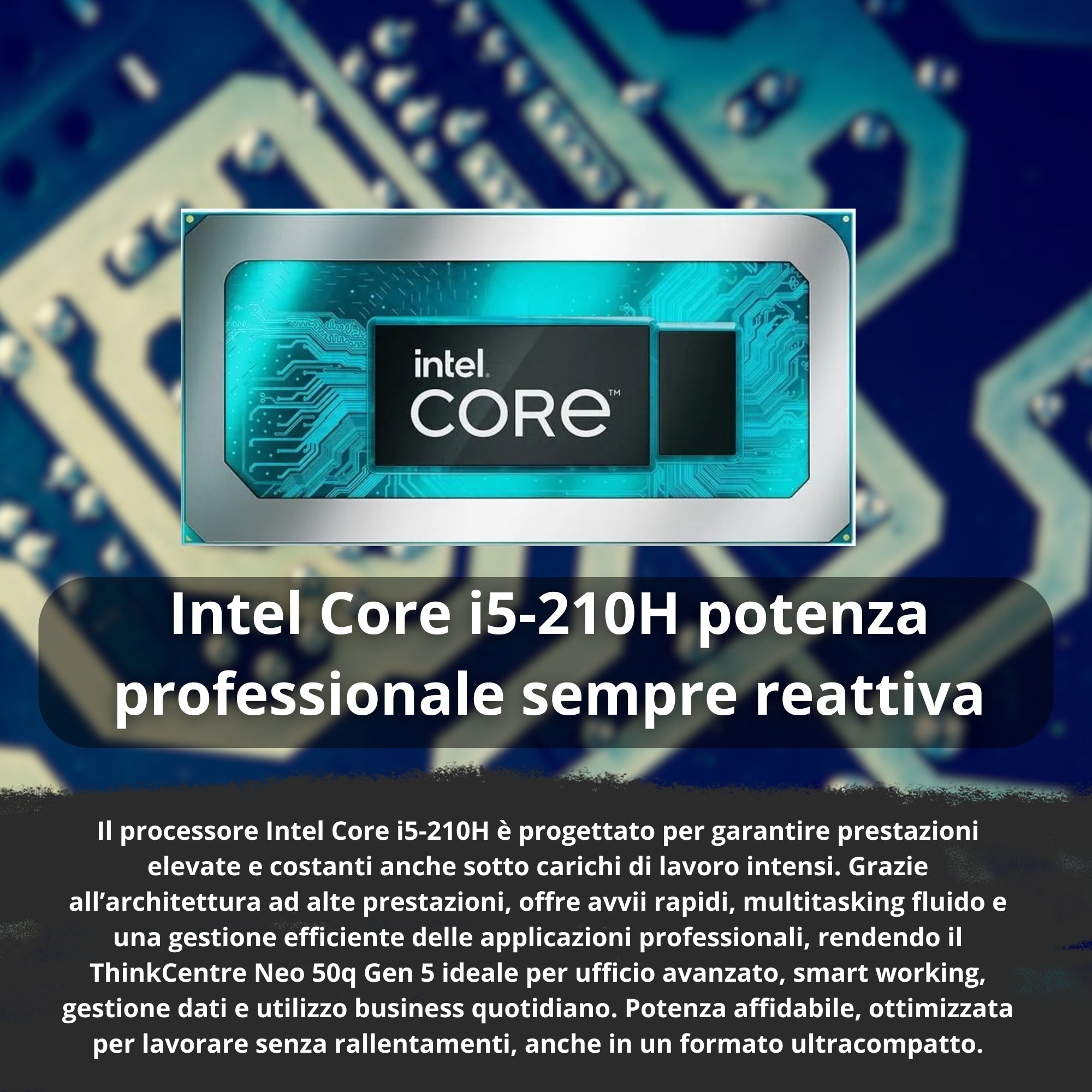 Intel Core i5-210H processor graphic with text on high-performance features, technology background