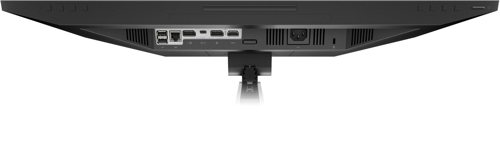 Retro del monitor HP E27m G4 27 pollici 4K incluso nel bundle HP EliteDesk Mini, con porte USB-C, HDMI, DisplayPort e LAN per connettività avanzata.