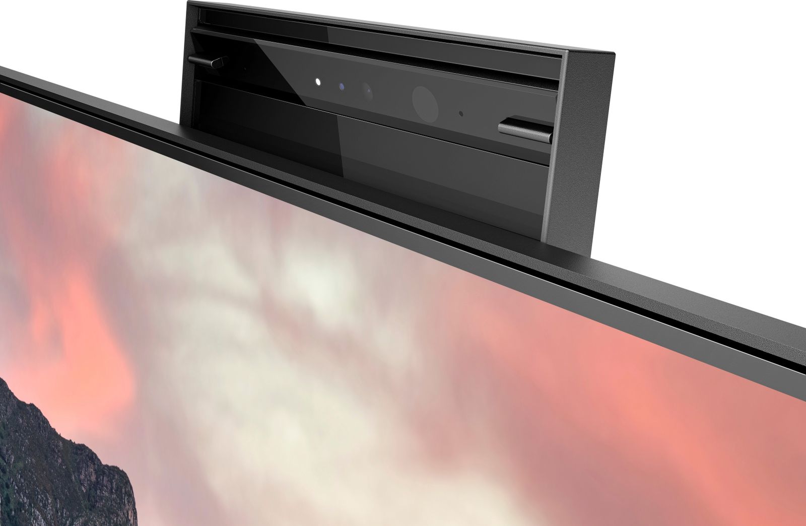 Dettaglio webcam pop-up del monitor HP E27m G4 27 pollici incluso nel bundle HP EliteDesk Mini, ideale per videoconferenze professionali.