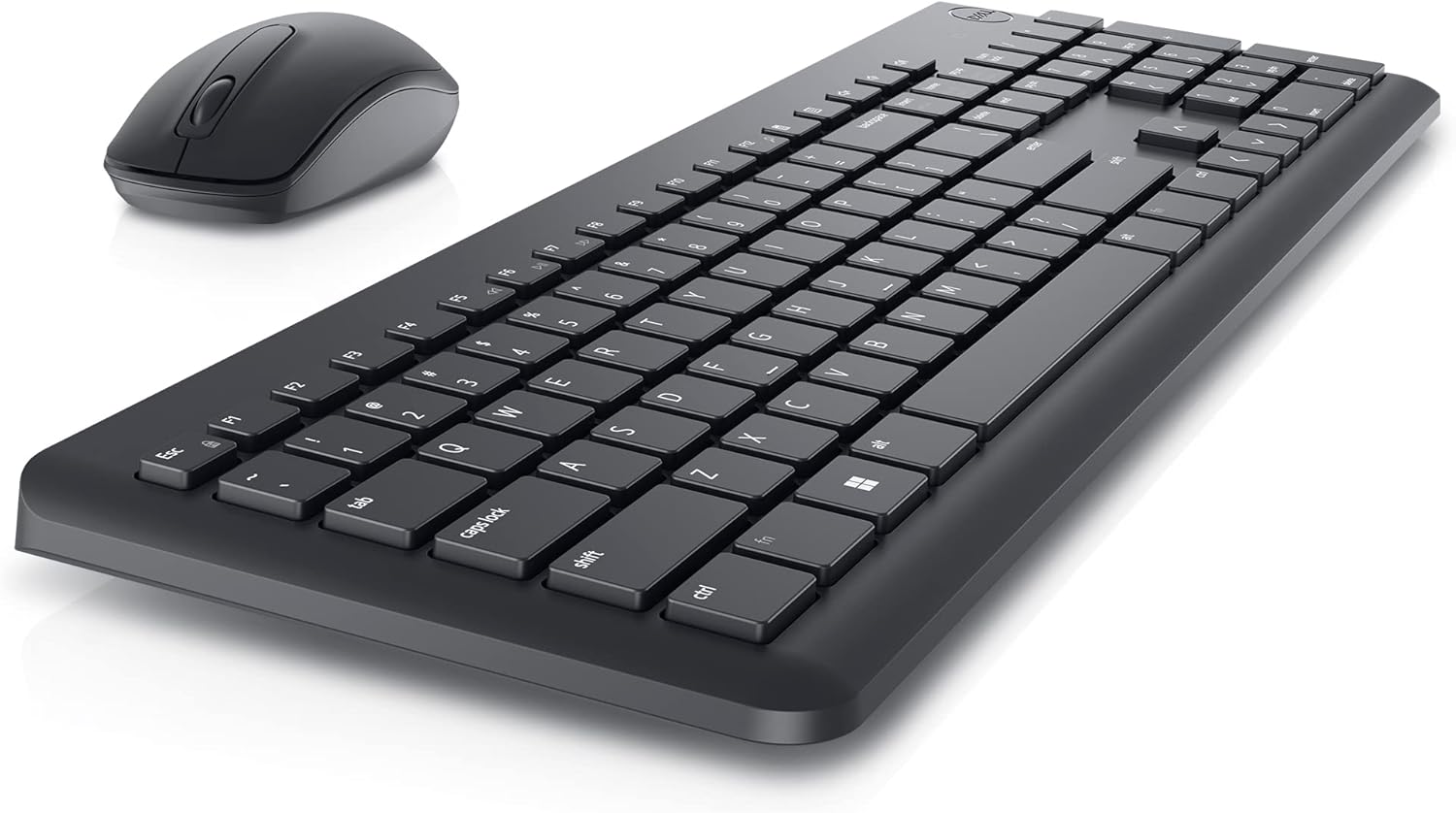 Angolazione laterale del kit Dell KM3322W, tastiera a basso profilo e mouse wireless per un’esperienza d’uso fluida e moderna.