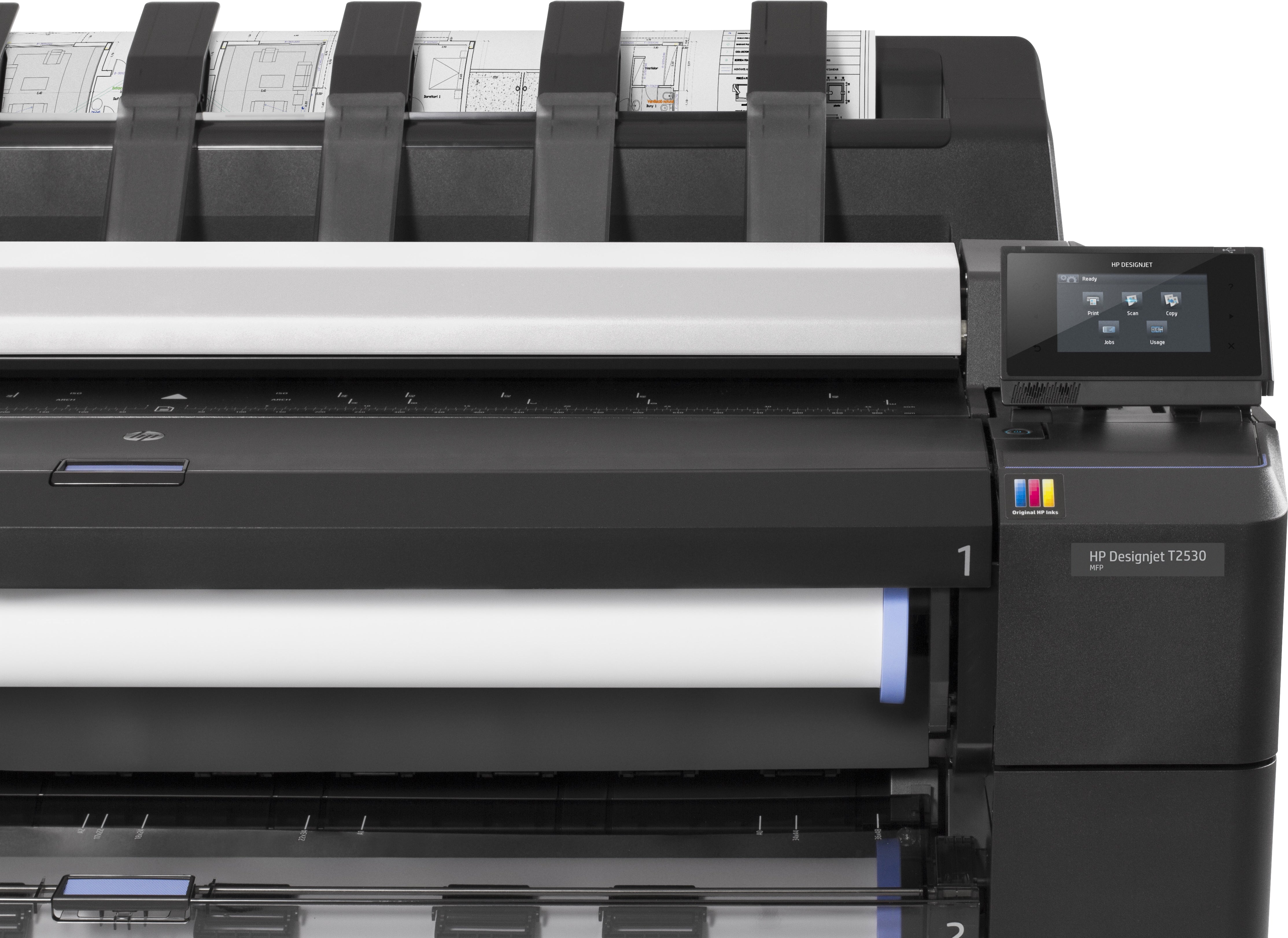 Dettaglio del pannello di controllo touchscreen del plotter HP DesignJet T2530, con opzioni di stampa, copia e scansione.