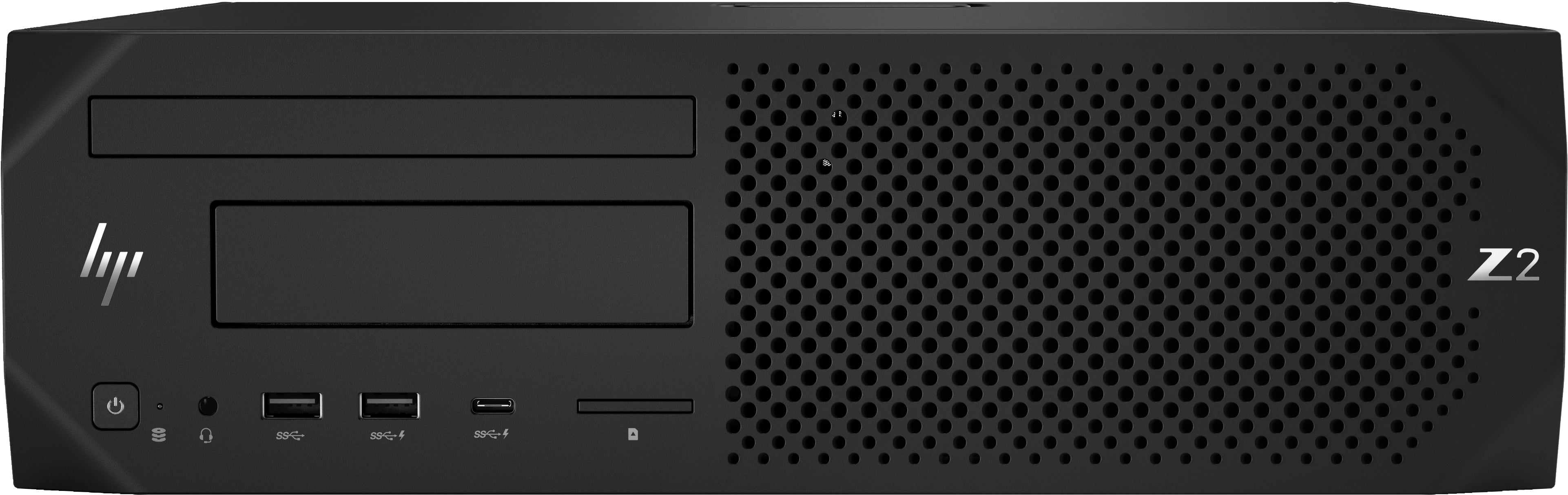 Vista frontale della HP Z2 G4 SFF con porte USB, lettore ottico e griglia di ventilazione, perfetta per uso professionale intensivo.