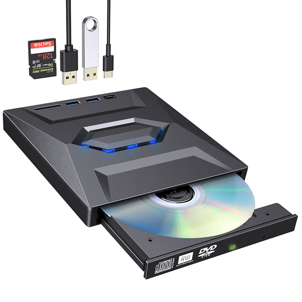 External DVD RW drive with disc, USB ports, SD card and USB stick for PC and notebook