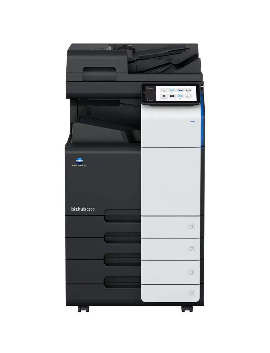 Multifunzione Konica Minolta BizHub C300i ricondizionata, vista frontale, pannello touch avanzato, ideale per uffici.