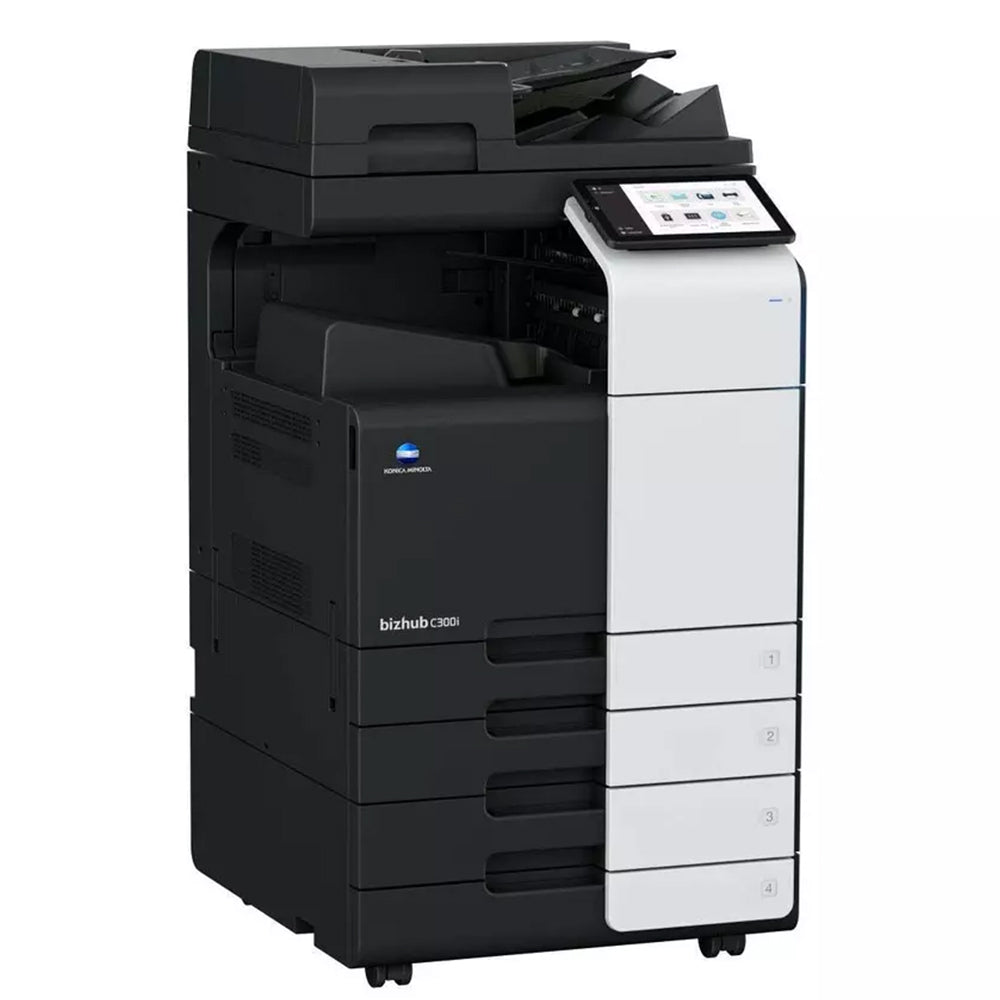 Multifunzione Konica Minolta BizHub C300i ricondizionata, vista laterale, design moderno, stampa A3, velocità 30 ppm.