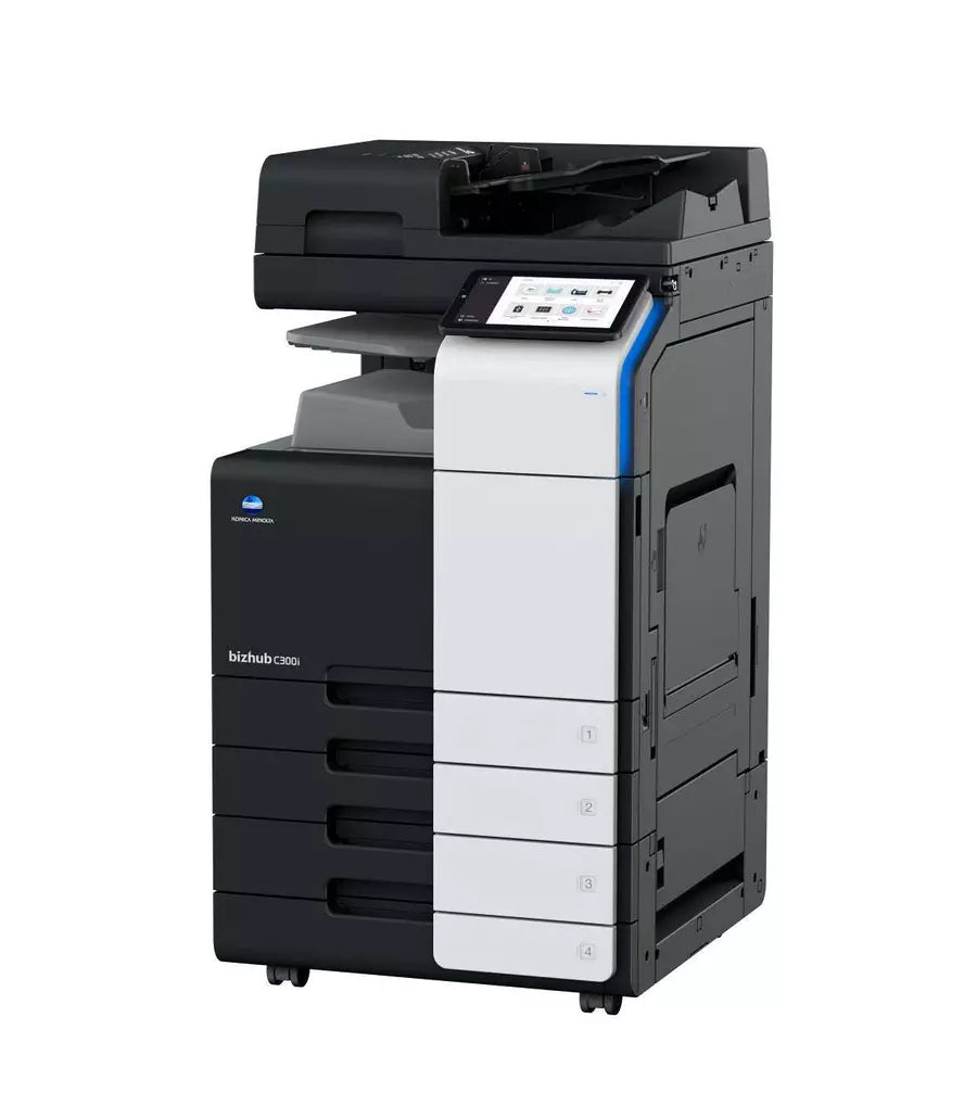 Konica Minolta BizHub C300i multifunzione ricondizionata, vista angolare, compatibilità A3, prestazioni professionali.
