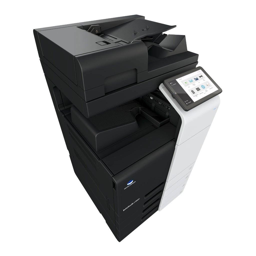Konica Minolta BizHub C300i multifunzione ricondizionata, vista dall'alto, scanner integrato, pannello touch intuitivo.
