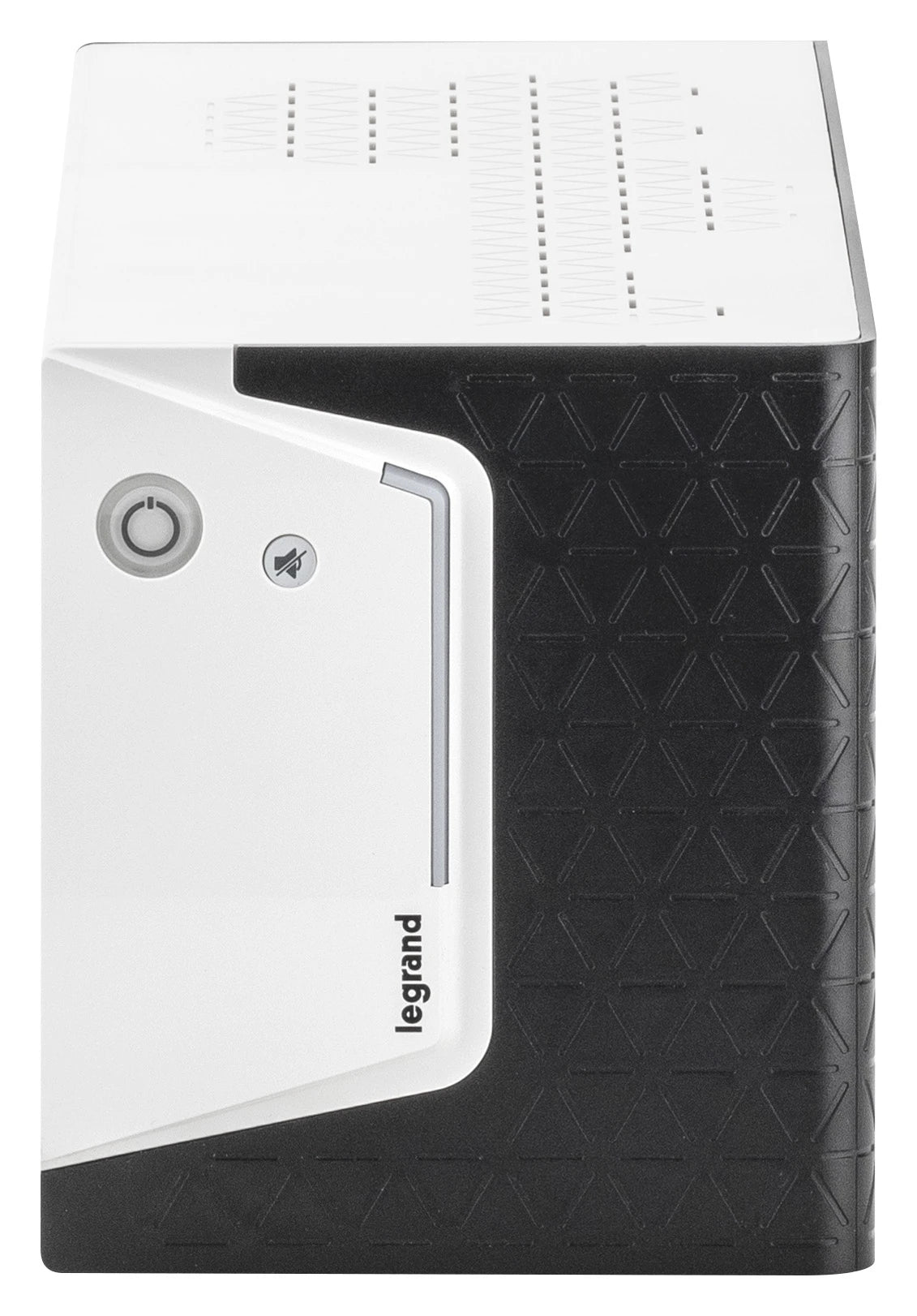 Legrand Keor SP-Line 600VA UPS retro vista dall'alto con feritoie di ventilazione e prese di uscita Schuko e IEC C13