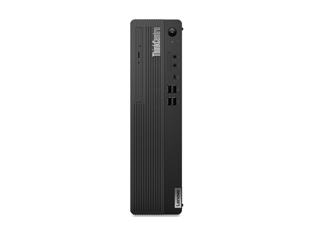 Vista frontale del Lenovo ThinkCentre M80s Ricondizionato Business, PC desktop compatto con porte USB e design verticale per ambienti professionali.