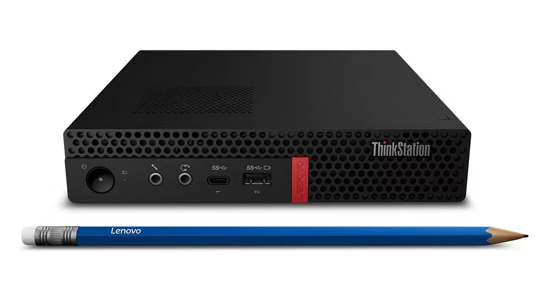 Mini PC Lenovo ThinkStation P330 Tiny con design compatto accanto a una matita, evidenzia le dimensioni ridotte e la potenza Intel 8Gen.