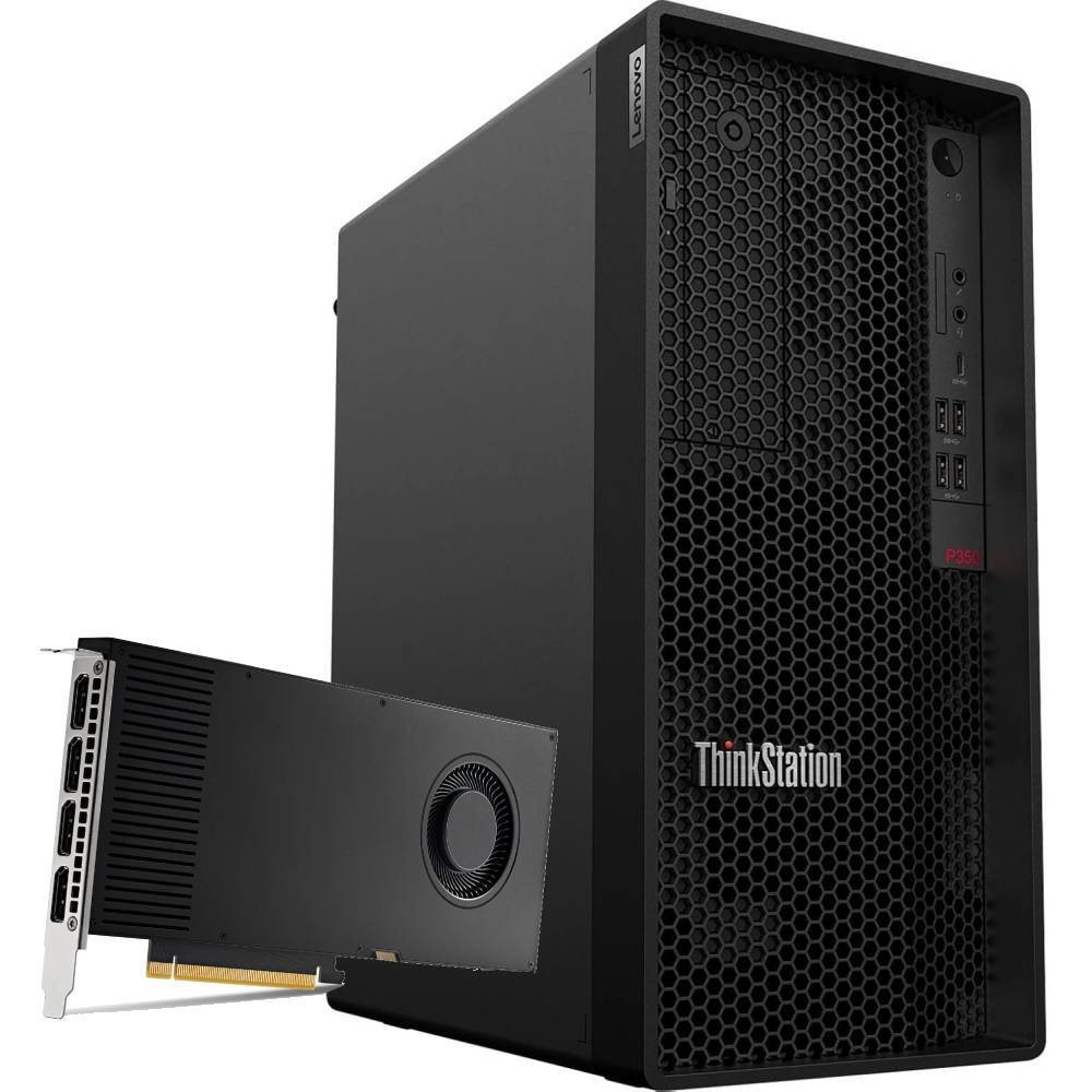 Workstation Lenovo ThinkStation P350 Tower con scheda grafica NVIDIA RTX A4000, ideale per design e ingegneria ad alte prestazioni.