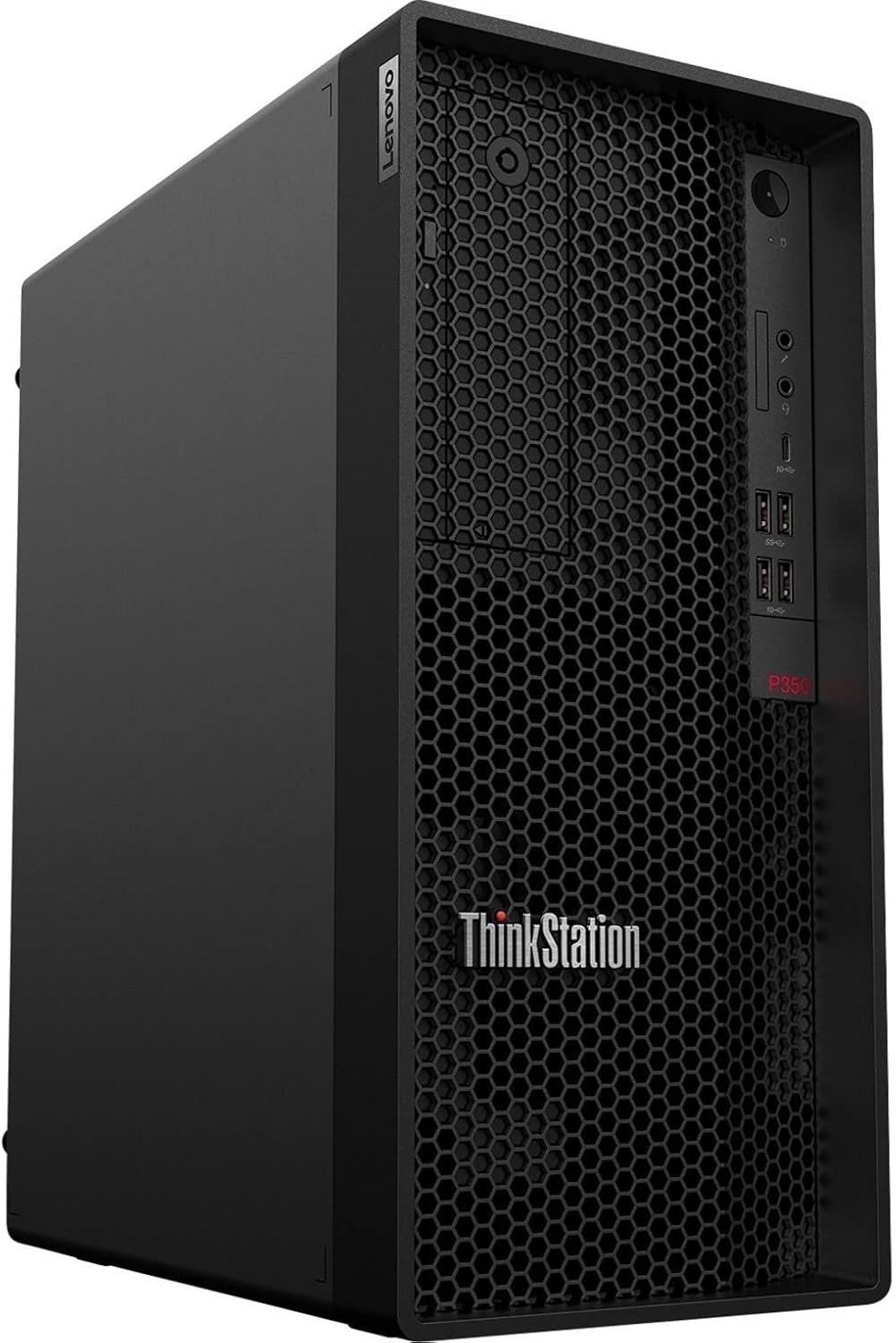 Lenovo ThinkStation P350 Tower con griglia frontale a nido d’ape, porte USB e audio accessibili per uso professionale intensivo.