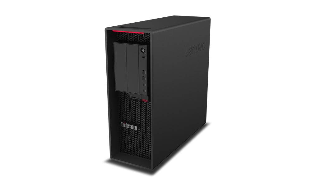 Workstation Lenovo ThinkStation P620 Tower con chassis nero e dettagli rossi, progettata per carichi di lavoro intensivi.