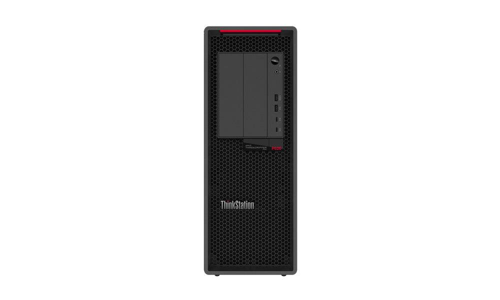 Vista frontale della Lenovo ThinkStation P620 Tower con griglia di ventilazione e alloggiamenti per unità ottiche e porte USB.