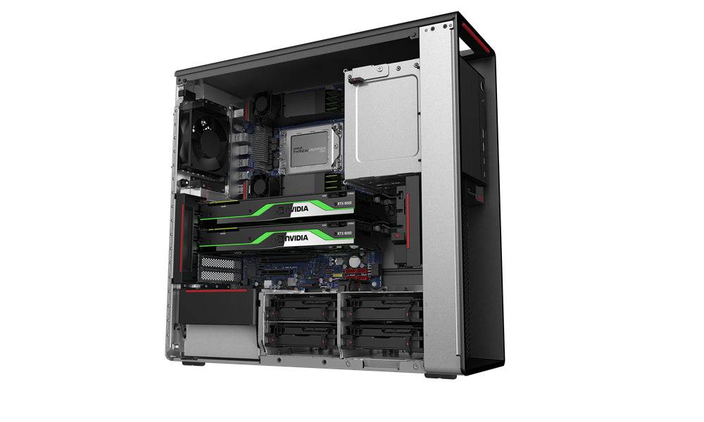 Interno della Lenovo ThinkStation P620 Tower con doppia GPU NVIDIA, sistema di raffreddamento avanzato e componenti ad alte prestazioni.
