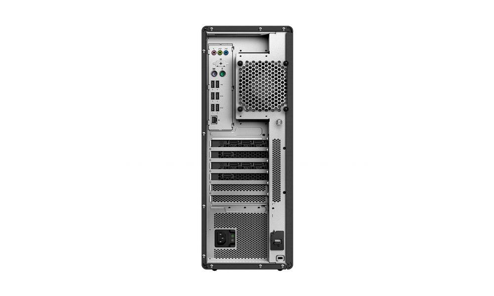 Retro della Lenovo ThinkStation P620 Tower con porte di connessione multiple, slot di espansione e sistema di raffreddamento.