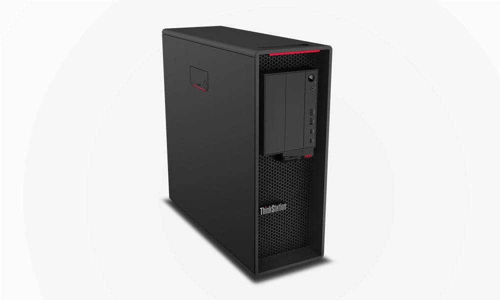 Vista angolare della workstation Lenovo ThinkStation P620 Tower, dotata di AMD Ryzen Threadripper PRO e supporto FreeDOS.