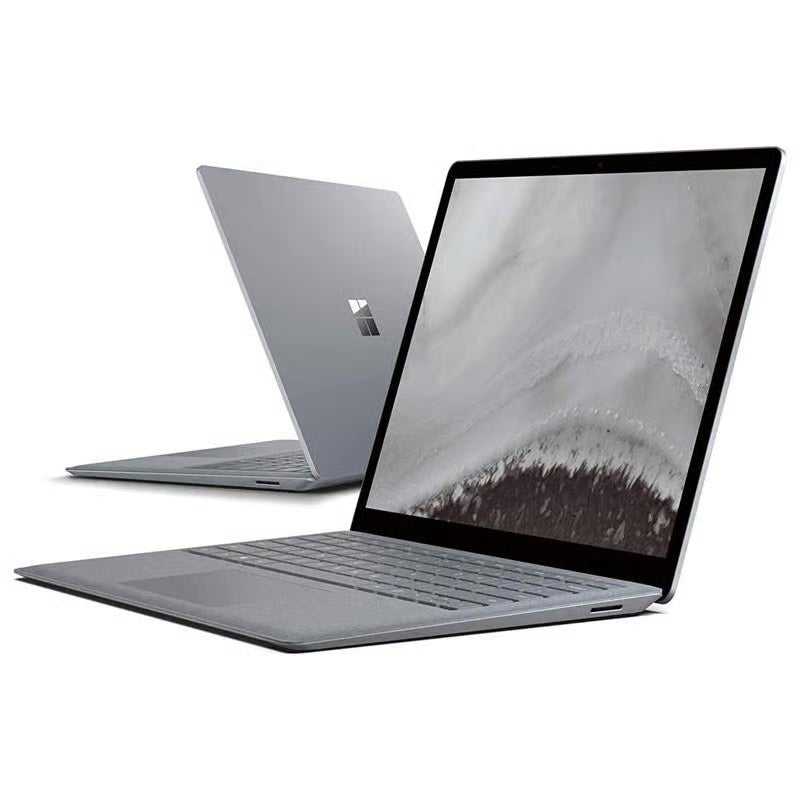 Microsoft Surface Laptop 3 15'' con Intel i5, vista angolata e retro, design elegante in alluminio per notebook ricondizionati ad alte prestazioni.