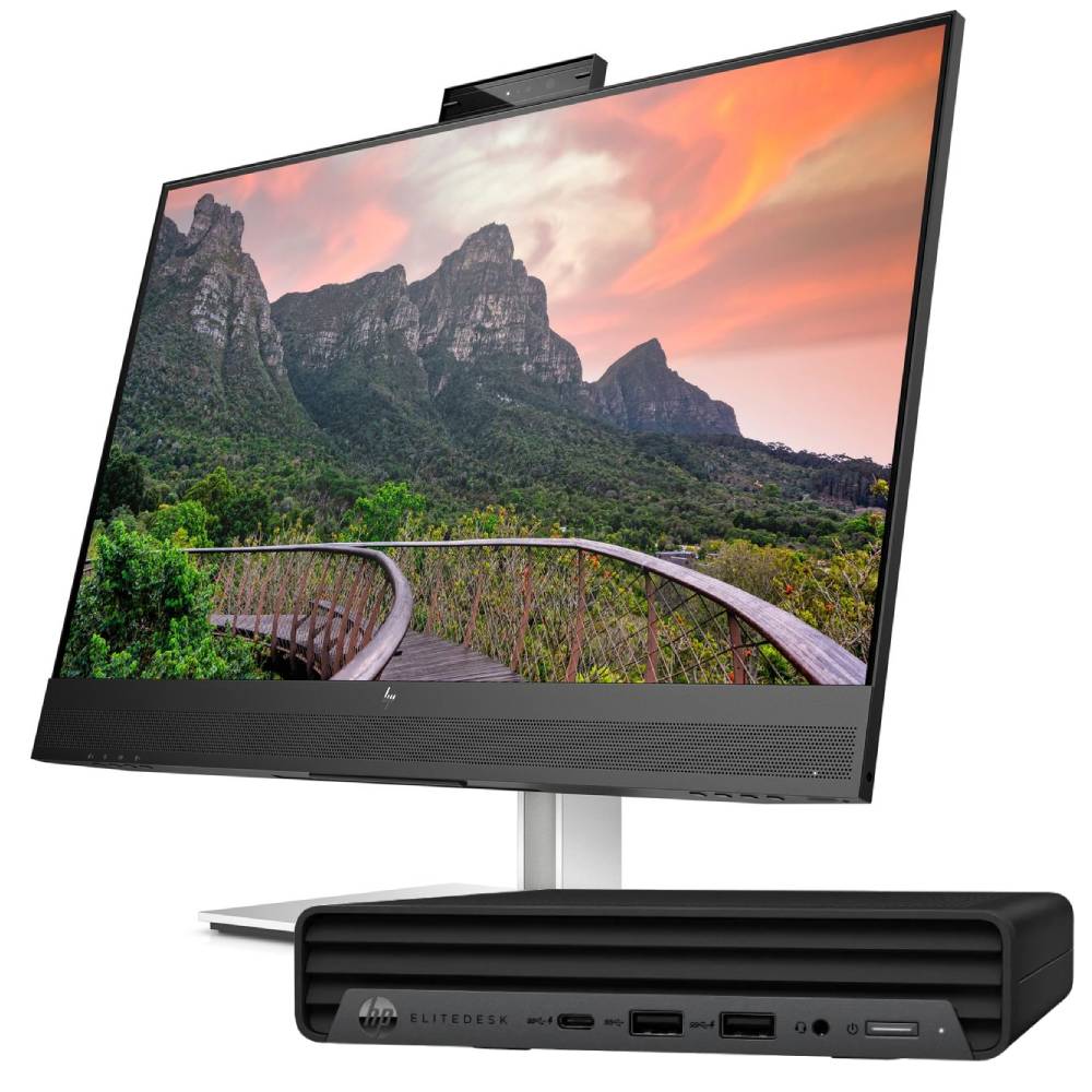 Bundle HP EliteDesk Mini e Monitor 27 pollici QHD con USB-C. PC compatto con Intel Core i5-10500T e monitor NUOVO per produttività avanzata.