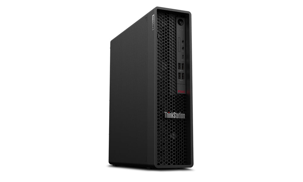Workstation compatta Lenovo ThinkStation P340 i7 con case SFF nero, porte frontali USB e design salvaspazio ideale per ufficio o lavoro remoto.
