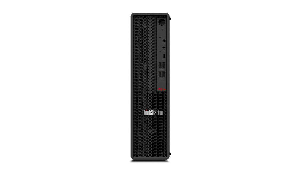 Workstation compatta Lenovo ThinkStation P340 i7 con case SFF nero a nido d’ape, ideale per ambienti di lavoro professionali e spazi ridotti.
