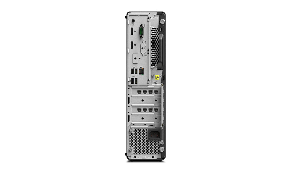 Retro della workstation compatta Lenovo ThinkStation P340 i7 con porte USB, Ethernet e slot di espansione. Design salvaspazio per ambienti professionali.