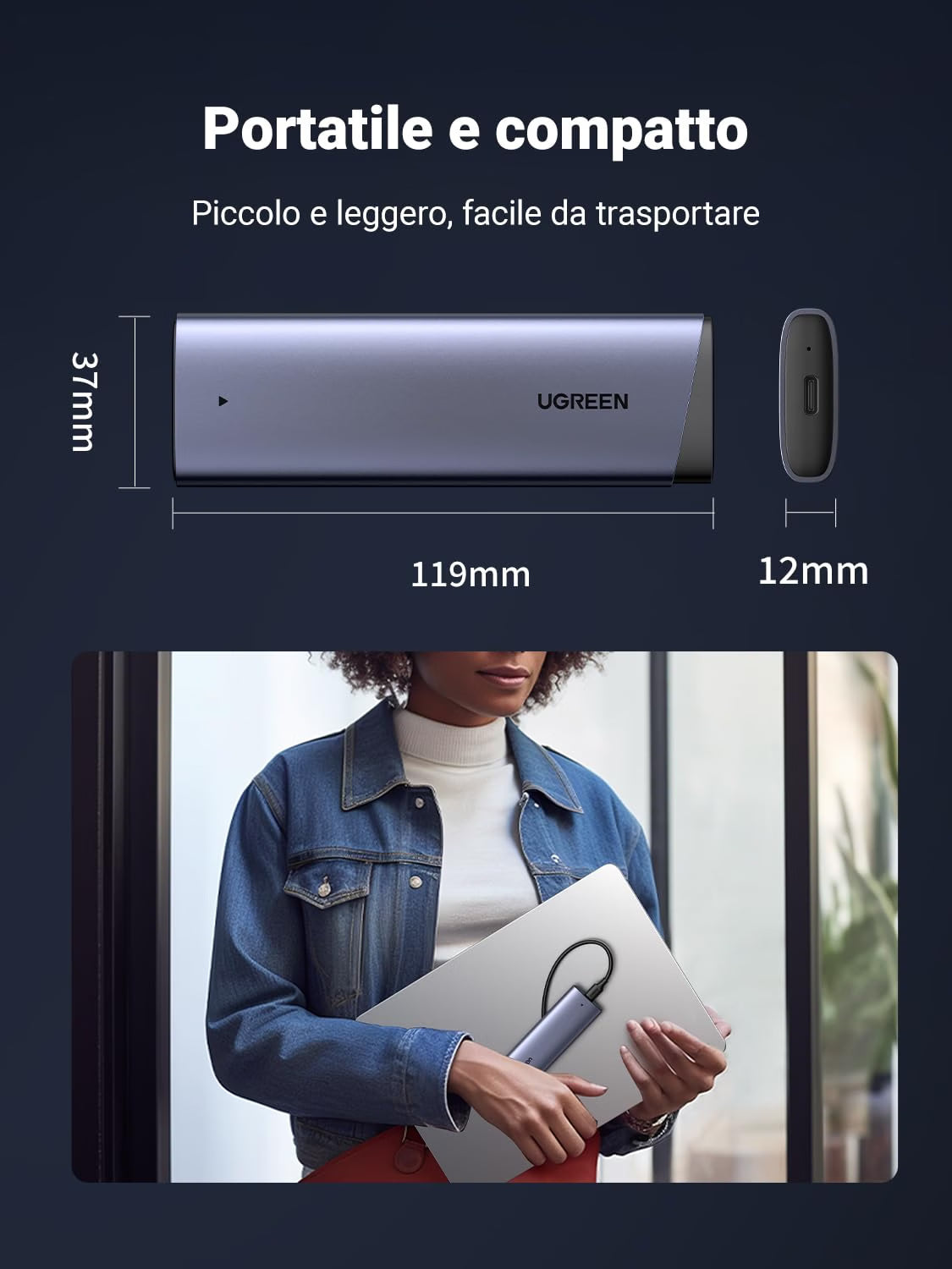 Dimensioni Ugreen CM767 119x37x12mm, custodia SSD M.2 portatile trasportata in borsa insieme al laptop