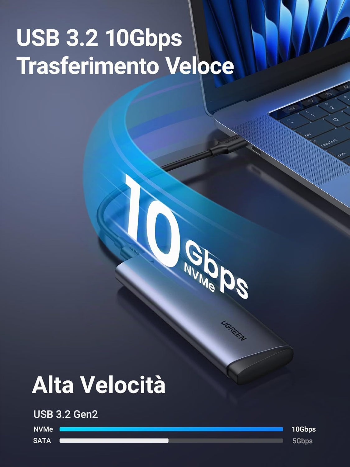 Ugreen CM767 collegata a un notebook, trasferimento dati USB 3.2 Gen2 fino a 10Gbps per SSD NVMe