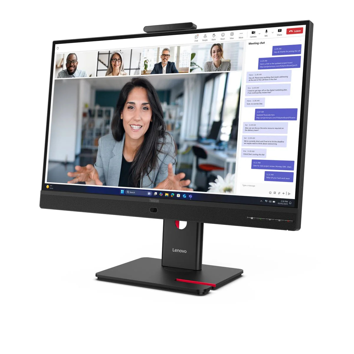 Monitor Lenovo su scrivania con videoconferenza, ideale per pc workstation e smart working