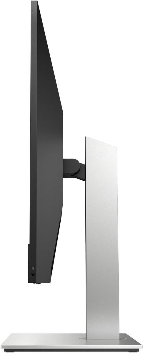 Profilo laterale del monitor HP E27m G4 27 pollici 4K incluso nel bundle HP EliteDesk Mini, design sottile e supporto ergonomico in metallo.