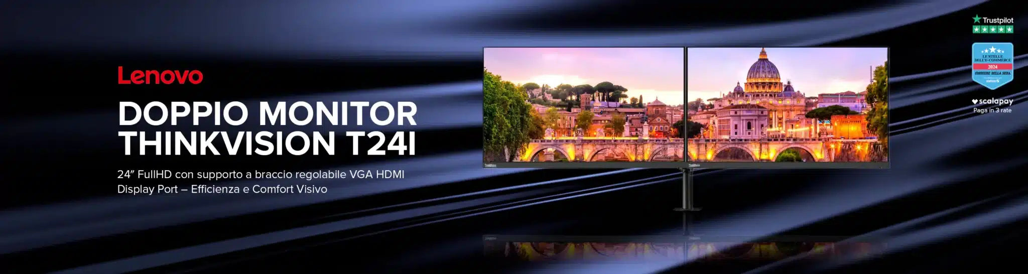 Bundle doppio Monitor Lenovo ThinkVision T24i 24″ FullHD con supporto a braccio regolabile VGA HDMI Display Port – Efficienza e Comfort Visivo